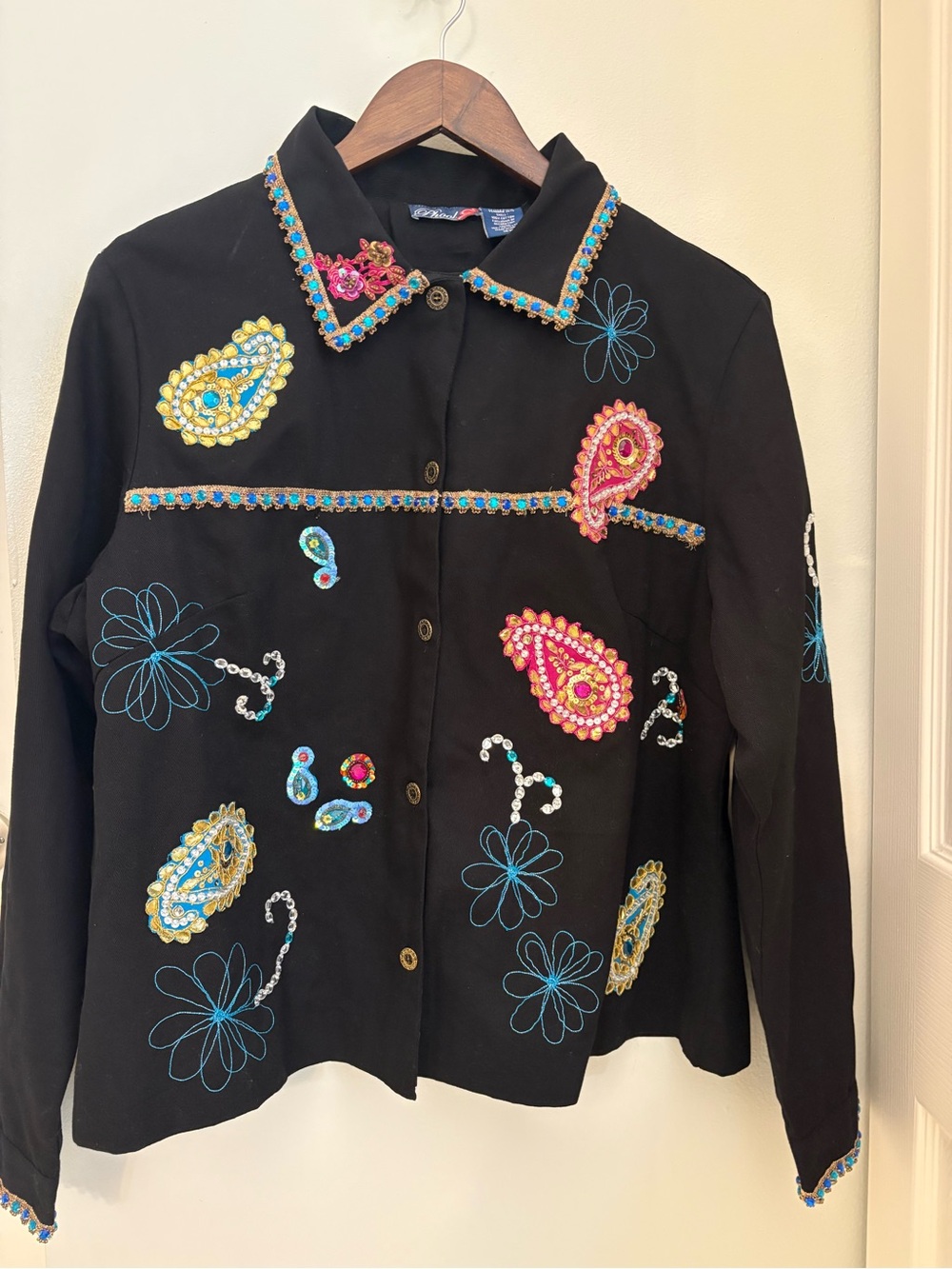 VINTAGE Phool Black Embellished Jacket with Multicolor Paisley Embroidery Sz:16W